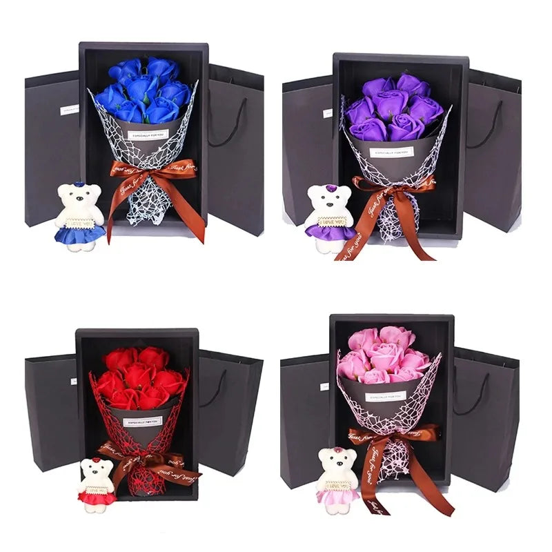 Bouquet de roses artificielles à 7 têtes, coffret cadeau petit ours