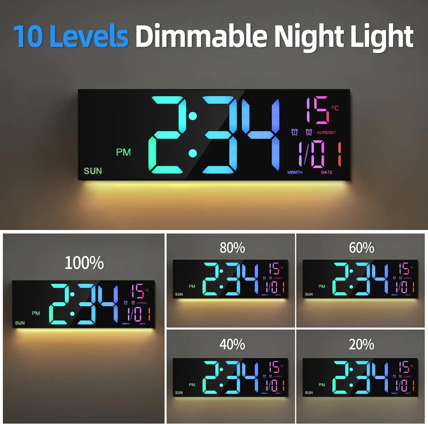 Grande horloge murale numérique 16.2 pouces, avec télécommande, grand LED/double alarme/8 couleurs rvb, réveil numérique, montre électronique