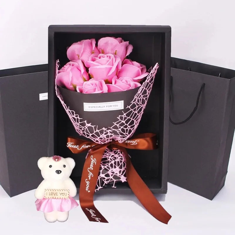 Bouquet de roses artificielles à 7 têtes, coffret cadeau petit ours
