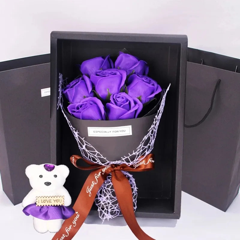 Bouquet de roses artificielles à 7 têtes, coffret cadeau petit ours