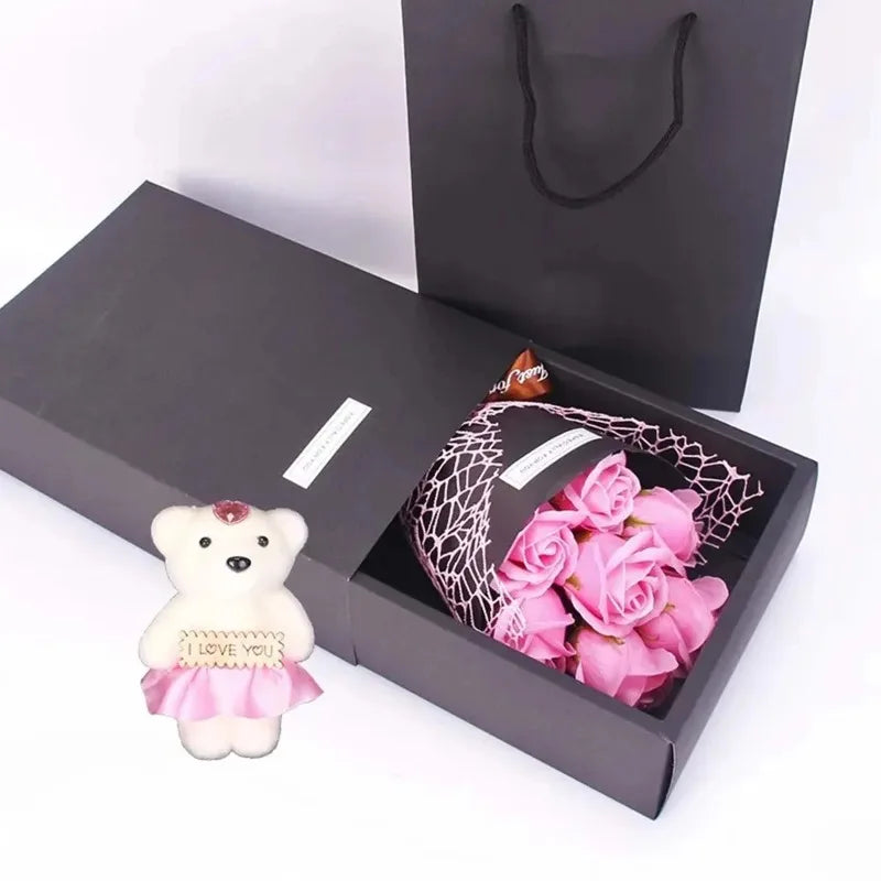Bouquet de roses artificielles à 7 têtes, coffret cadeau petit ours