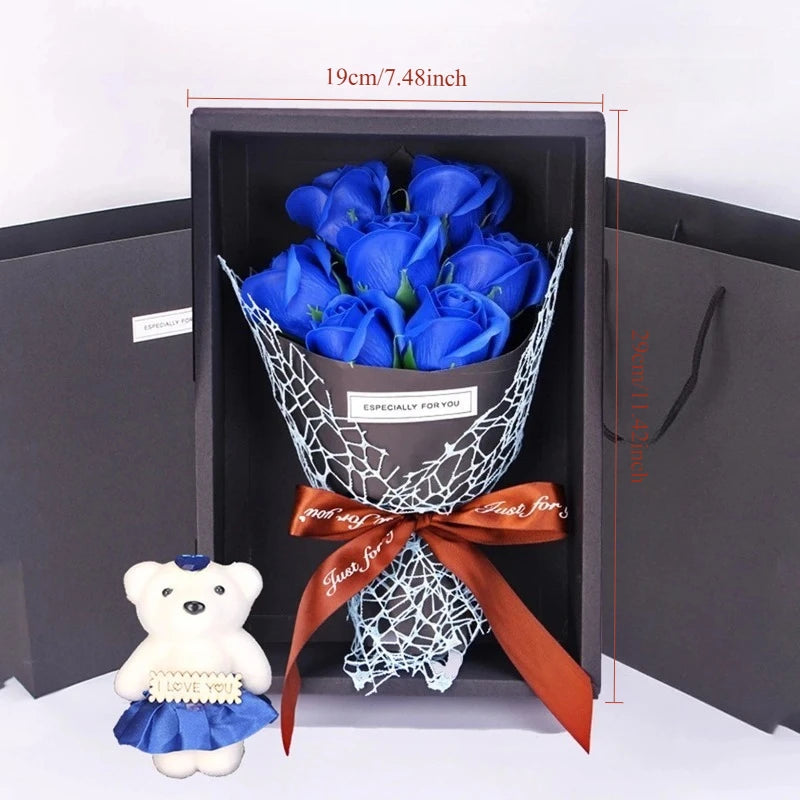 Bouquet de roses artificielles à 7 têtes, coffret cadeau petit ours