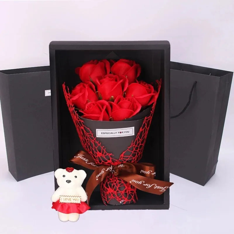 Bouquet de roses artificielles à 7 têtes, coffret cadeau petit ours