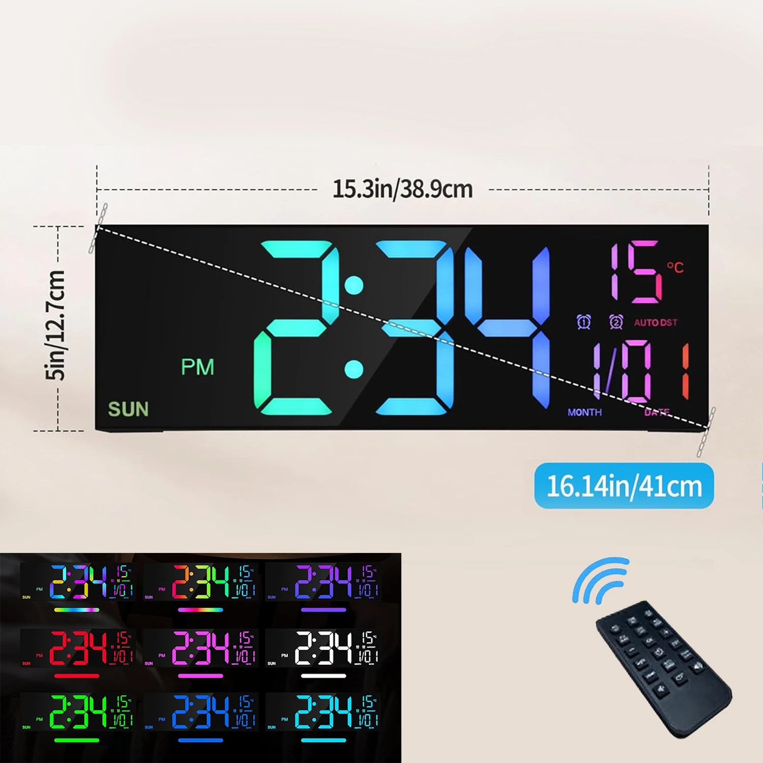Grande horloge murale numérique 16.2 pouces, avec télécommande, grand LED/double alarme/8 couleurs rvb, réveil numérique, montre électronique