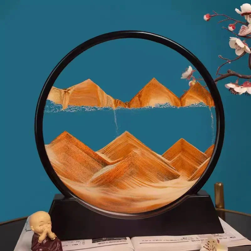 Tableau d'art de sable en mouvement 3D, verre rond, paysage de sable de mer profonde, sablier, artisanat de sable mouvant, peinture de sable fluide, décoration de bureau et de maison, cadeau